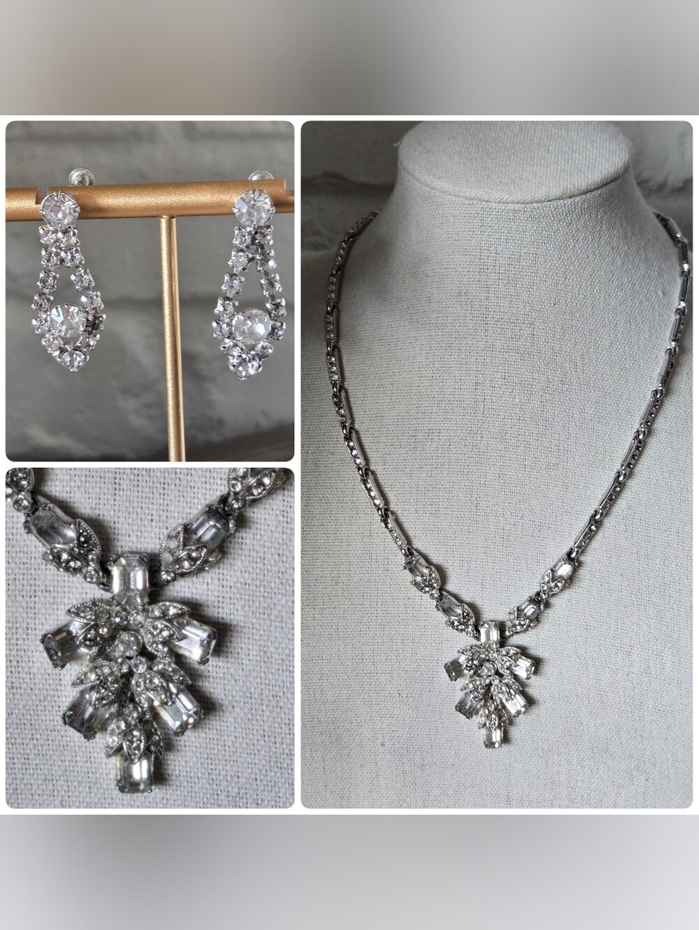 Vtg 1940s Matching Necklace & Earring Set, Rhinestone, Art Deco, Formal, Wedding